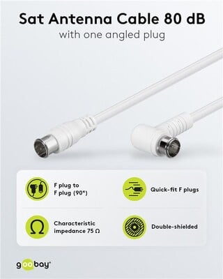 Kábel satelitný, koax F-konektor QUICK M/M 3.5m, 75 Ohm, 80dB, 2x tienený, CCS, biely, 1x90°