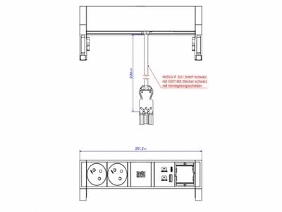 DESK2 2xUTE 230V, 1xCustom, nabíjačka (USB A + USB C), 0.2m kábel 1.5mm², GST18, hliník/čierny