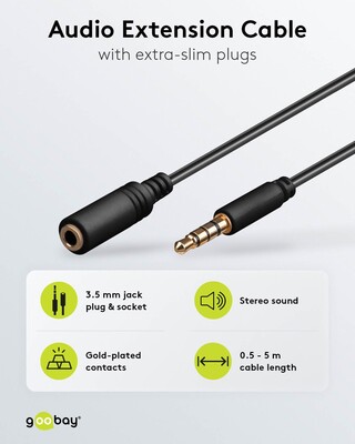 Kábel 3.5mm 4pin audio M/F predlžovací 0.5m, čierny, pozl. konektor