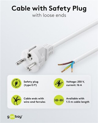 Kábel sieťový 230V, vidlica (CEE7/7) priama - dutinky, 1.5m, 0.75mm², 16A, surový, biely