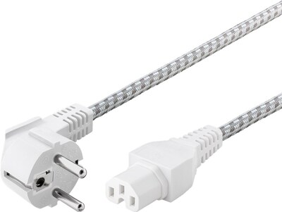 Kábel sieťový 230V, vidlica (CEE7/7) lomená - C15, 2m, 0.75mm², 10A, textilný, biely