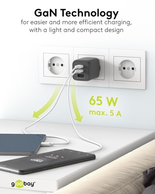 Nabíjačka USB 230V 3port, 1xUSB A, 2xUSB Typ C, 65W, Power Delivery, GaN, čierna