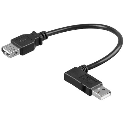 Kábel USB 2.0 A-A M/F 0.15m, High Speed, čierny, predlžovací, uhľový 90° L