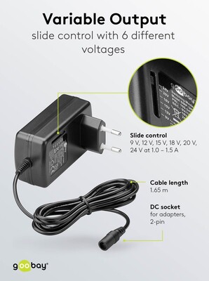 Adaptér NTS 1500mA Univerzálny 9-24V, 24W, 1.6m kábel, konektory: DC, čierny