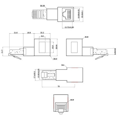 Adaptér RJ45 M/F, cat.6a, zahnutý dole 90°, čierny