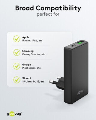 Nabíjačka USB 230V 2port, 1xUSB A, 1x USB Typ C, 65W, Power Delivery, Quick Charge 3.0, plochá, čier