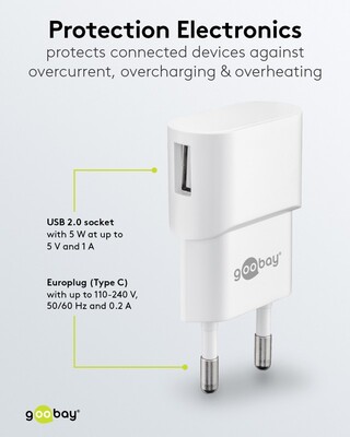 Nabíjačka USB 230V 1port, 1xUSB A, 1A, 5W, biela