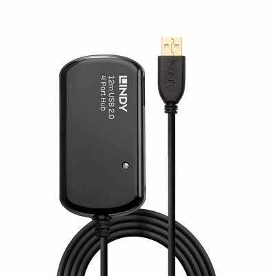 Kábel USB 2.0 A-A M/F 12m, High Speed, predlžovací, čierny, aktívny, 4port Hub s adapt., PRO, reťazi