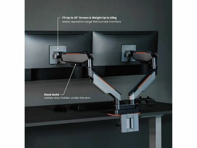Držiak pre 2x monitor na stôl, úchyt o dosku, pneumatický, max 20kg, rameno 542mm, VESA75/100, čiern