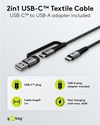 Kábel USB 2.0 CM/CM + Redukcia na USB A, 1m, High Speed, PD 60w 20V3A, čierny