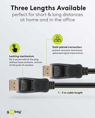 Kábel DisplayPort M/M 3m, 8K@60Hz, DP v1.4, 32.4Gbit/s, čierny, pozl. konektor