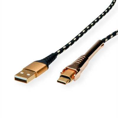 Kábel USB 2.0 AM/CM Typ C 1m, High Speed, čierny/zlatý, integrovaný držiak/podpera, Gold