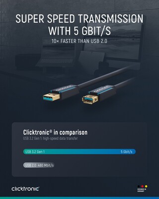 Kábel USB 3.2 Gen 1, A-A M/F 3m, 5Gbps, predlžovací, modrý, ClickTronic, pozl. konektor