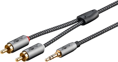 Kábel 3.5mm stereo/2xCinch M/M 2m, čierny/sivý, pozl. konektor