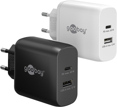 Nabíjačka USB 230V 2port, 1xUSB A 2.0, 1xUSB C (Power Delivery), 65W, GaN, čierna