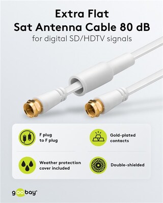 Kábel satelitný, koax F-konektor M/M 10m, 75 Ohm, 80dB, 2x tienený, CCS, biely, pozl. kon., plochý