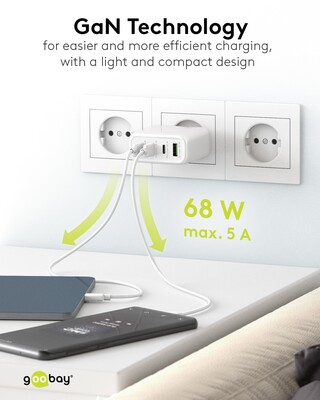 Nabíjačka USB 230V 4port, 1xUSB A, 3xUSB Typ C, 68W, Power Delivery, GaN, čierna
