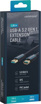 Kábel USB 3.2 Gen 1, A-A M/F 1.8m, 5Gbps, predlžovací, modrý, ClickTronic, pozl. konektor