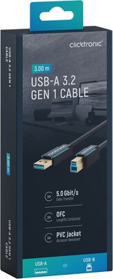 Kábel USB 3.2 Gen 1, A-B M/M 3m, 5Gbps, modrý, ClickTronic, pozl. konektor