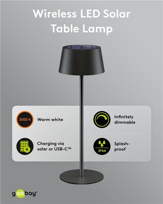 Solárna stolná LED lampa, 150lm, vonkajšia IP44, nabíjacia 1800mAh, teplá biela 3000K, farba čierna