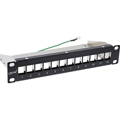 10" Patch panel 12port Keystone, tienený s uzemnením, celokovový, 1U, čierny, neosadený