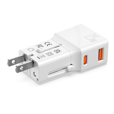Nabíjačka USB 230V 2port, EU/UK/US, 1xUSB A, 1xUSB Typ C, 25W, PD, QC 3.0, cestovná/skladacia, biela