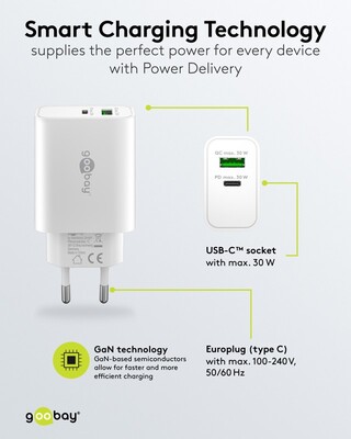 Nabíjačka USB 230V 2port, 1xUSB A, 1x USB Typ C, 30W, Power Delivery, Quick Charge 3.0, biela