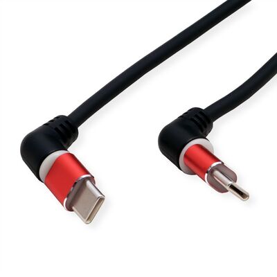 Kábel USB 2.0 Typ C CM/CM 1m, High Speed, čierny/červený, zahnutý 90°, otočné konektory