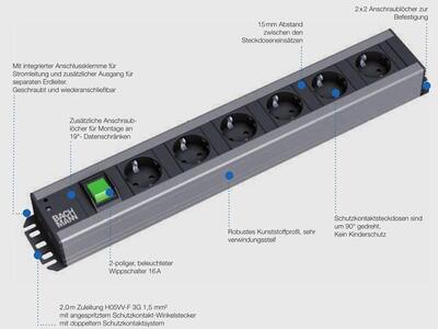 Predlžovačka 3m s 12 zásuvkami SCHUKO s vypínačom, 1.50mm², čierna, montážne úchytky