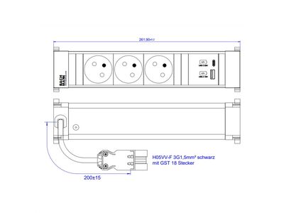 Power Frame 3xUTE 230V, nabíjačka (USB A + USB C), 0.2m kábel 1.5mm², GST18, hliník/čierny