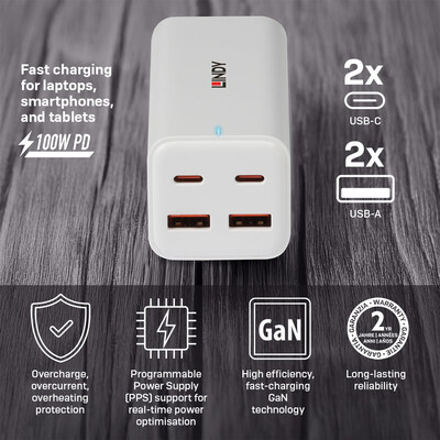 Nabíjačka USB 230V 4port, 2xUSB A, 1xUSB Typ C, 100W, Power Delivery, kábel (C7) 1.5m, GaN, biela