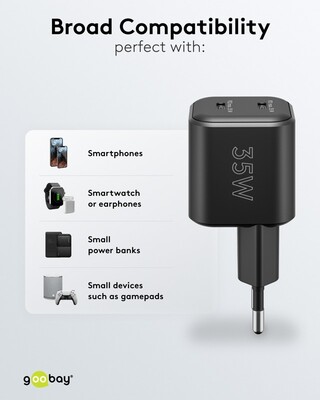 Nabíjačka USB 230V 2port, 2xUSB Typ C, 35W, Power Delivery, GaN, čierna
