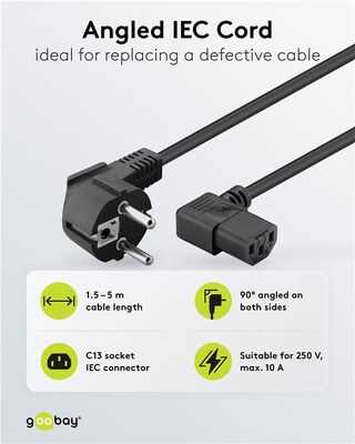Kábel sieťový 230V, vidlica (CEE7/7) lomená - C13 zahnutý (doprava), 5m, 1.00mm², 10A, čierny