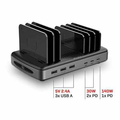 Nabíjačka USB 230V 6port, 3xUSB A, 3x USB Typ C, 160W, úložné prepážky, s adaptérom, čierna