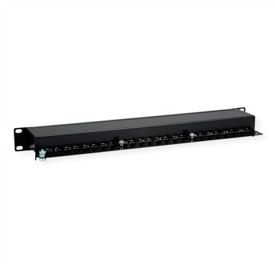 19" Patch panel 24port cat.5e, tienený s uzemnením, celokovový, 1U, čierny