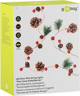 Led svetelná reťaz s 20x "Pine & Red Berries" napájanými z 2xAA batériami IP20, 2.2m, červená/biela