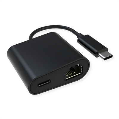 Adaptér USB 3.2 Gen 2 Typ C na RJ45 (Gigabit Ethernet), 1x USB 3.1 TYP C (PD) 100W, 10cm, čierny