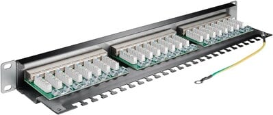 19" Patch panel 24port cat.6, tienený s uzemnením, celokovový, 1U, čierny