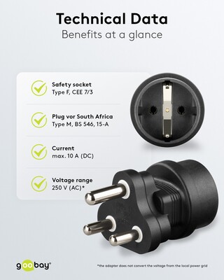 Adaptér cestovný Európa SCHUKO (CEE7/3) -> Južná Afrika, India (BS-546), max. 16A, čierny