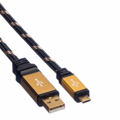 Kábel USB 2.0 A-MICRO-B M/M 0.8m, High Speed, čierny/zlatý, Gold, pozl. kon.