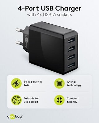 Nabíjačka USB 230V 4port, 4xUSB A, 3A, 30W, čierna