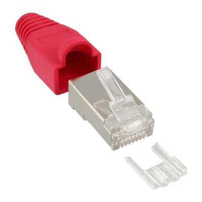 Konektor 8/8 RJ45 cat.5e, FTP+krytka, červený s vodiacou vložkou, 10ks/bal