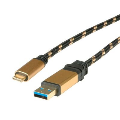Kábel USB 3.2 Gen 1, AM/CM Typ C 1m, 5Gbps, čierny/zlatý, Gold, pozl. konektor
