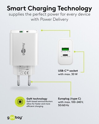 Nabíjačka USB 230V 2port, 1xUSB A, 1x USB Typ C, 30W, Power Delivery, Quick Charge 3.0, biela
