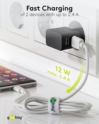 Nabíjačka USB 230V 2port, 2xUSB A, 2.4A, 12W, kábel USB AM/lightning 1m v balení, čierna