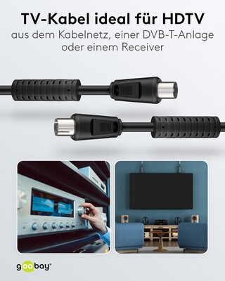 Kábel anténny, koax TV M/F predlžovací 1.5m, 75 Ohm, 80dB, 2x tienený, CCS, s ferritom, čierny