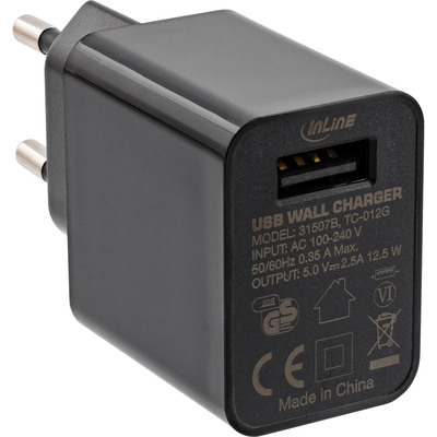 Nabíjačka USB 230V 1port, 1xUSB A, 2.5A, 12.5W, čierna