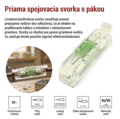 Spojka páčková, svorka bezskrutková, 2-pólová, 0.2-4.0mm², priehľadná, 10 ks/bal