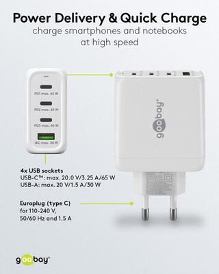 Nabíjačka USB 230V 4port, 1xUSB A, 3xUSB Typ C, 68W, Power Delivery, GaN, čierna