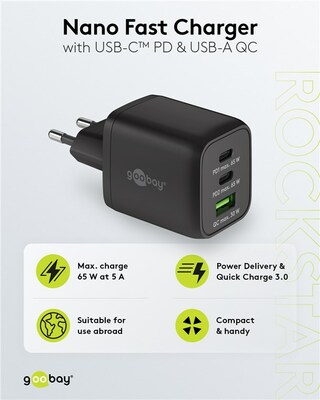 Nabíjačka USB 230V 3port, 1xUSB A, 2xUSB Typ C, 65W, Power Delivery, GaN, čierna